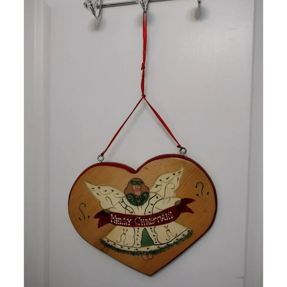 Vintage Christmas Heart-Shape Wood Sign Holiday Angel Hand Painted Mexico 1995